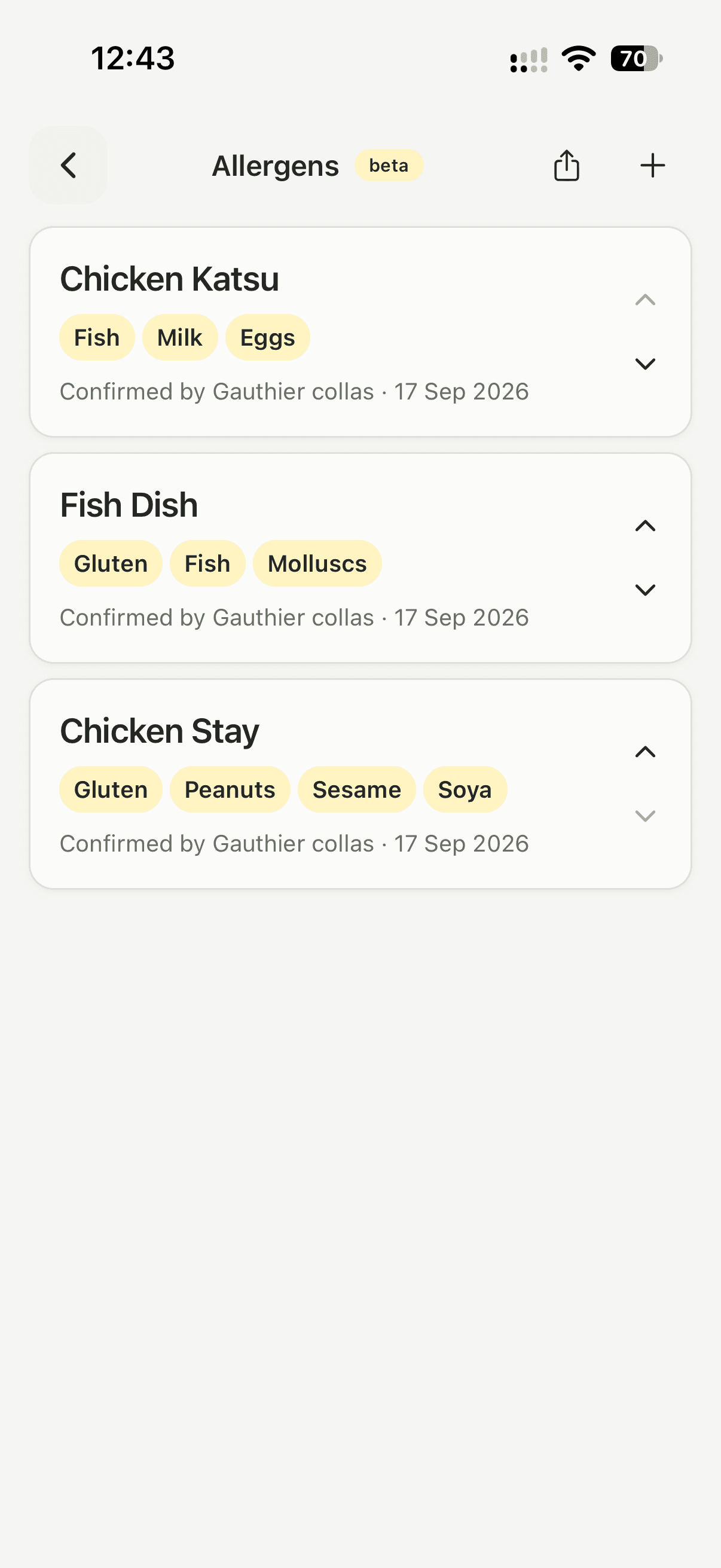 The allergen matrix in Lemon, listing dishes with the allergens each one contains and who confirmed them.