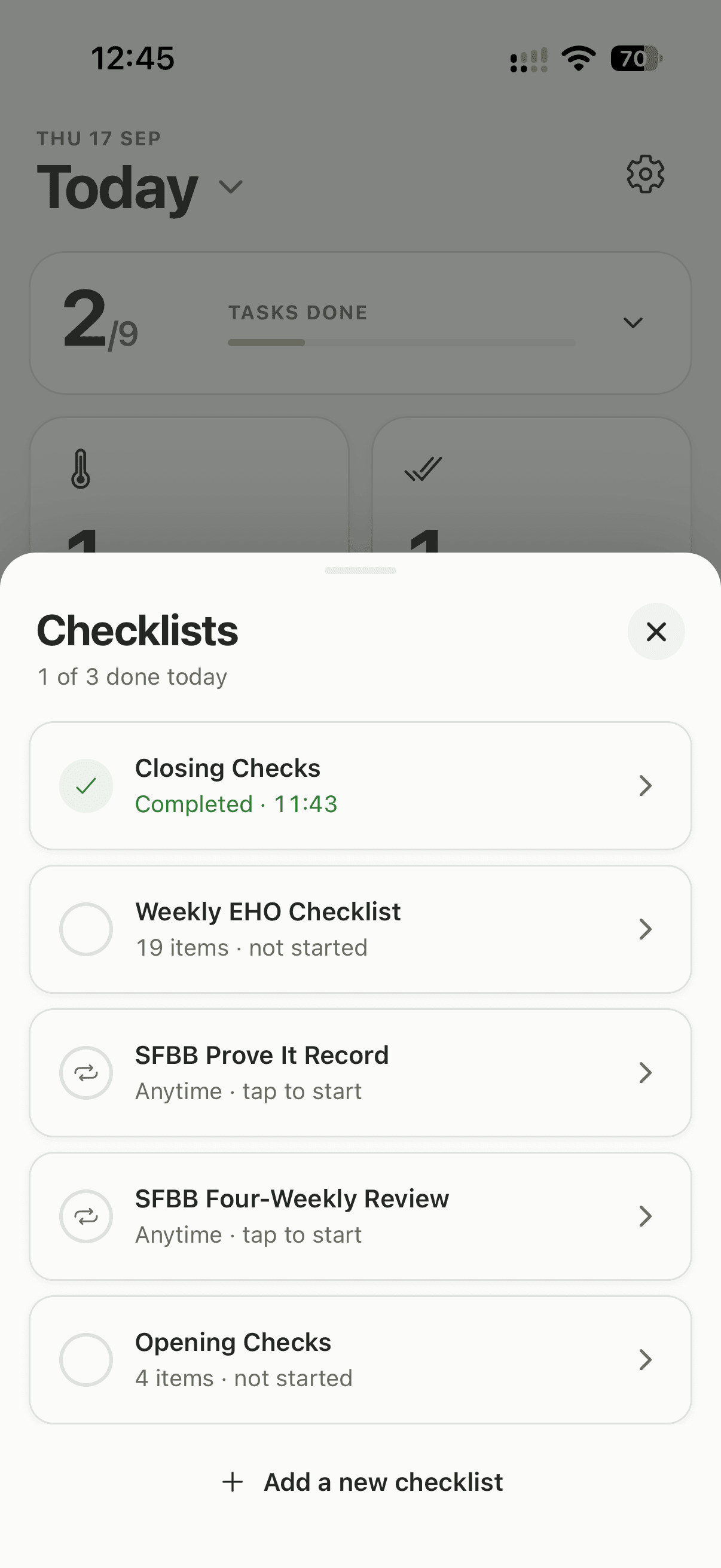 The checklist picker in Lemon, showing which lists are done today and which are still to run.