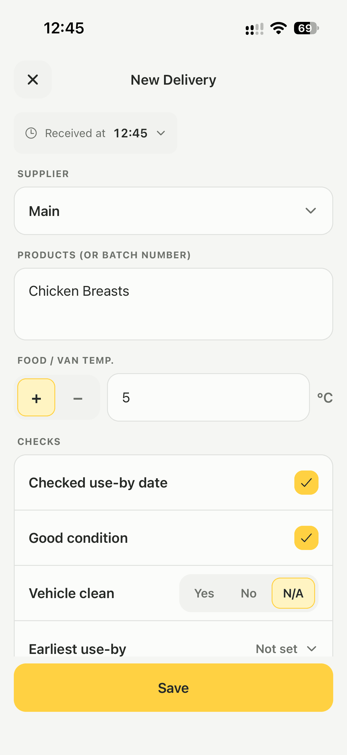 Logging an incoming delivery in Lemon, with supplier, temperature and condition fields.
