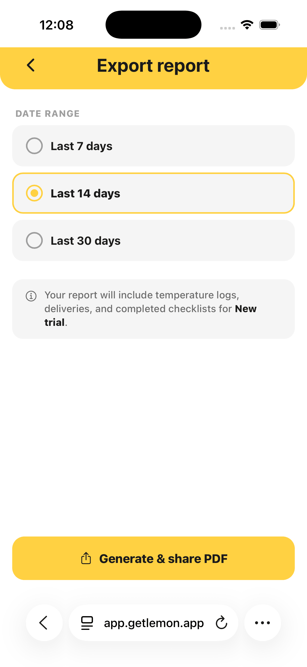 The export screen in Lemon, picking a date range for a PDF.