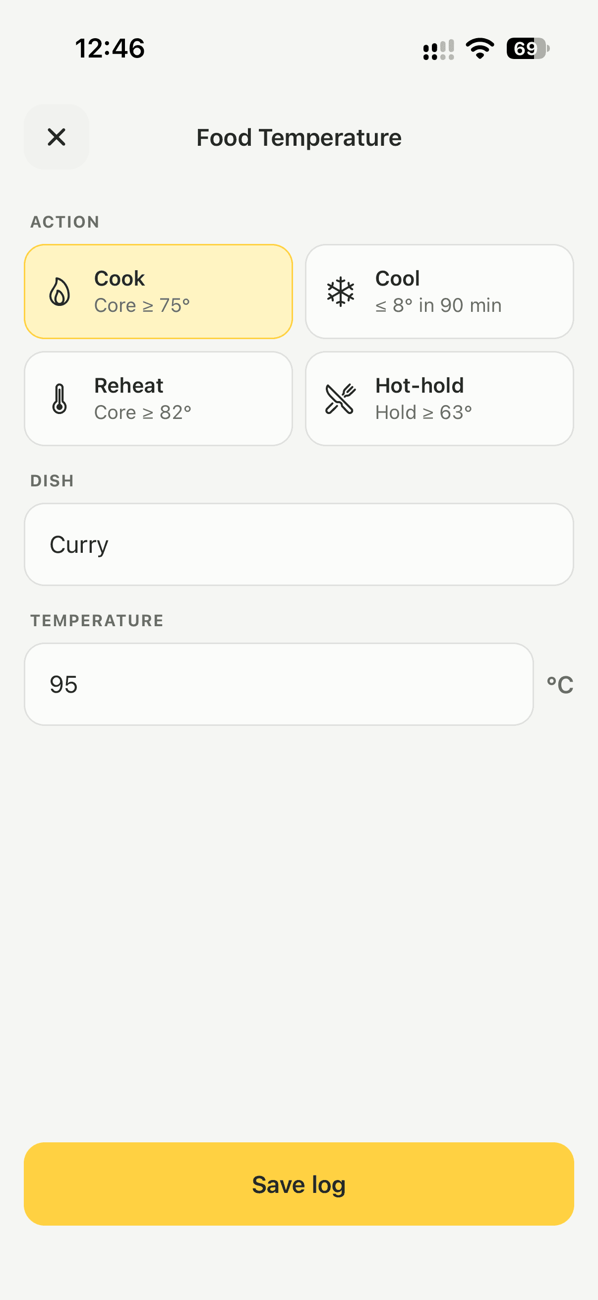 Logging a food check in Lemon, picking the action and entering a probe reading.